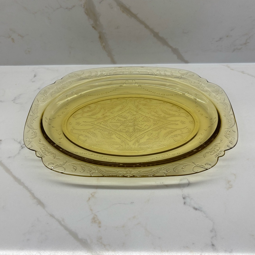 Federal Glass Madrid Amber Depression Glass Oval Serving Platter Antique